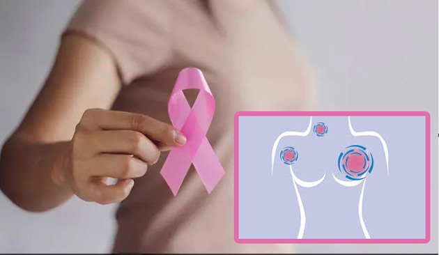فتاة تمسك خيط لونه نهدي كناية عن مرض سرطان الثدي