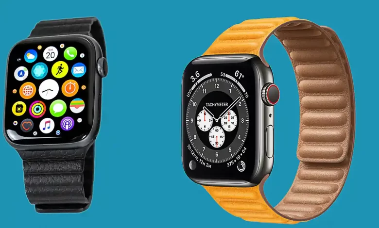 Apple Watch Series 6 يظهر ساعتين من آبل لون اسود وبرتقالي