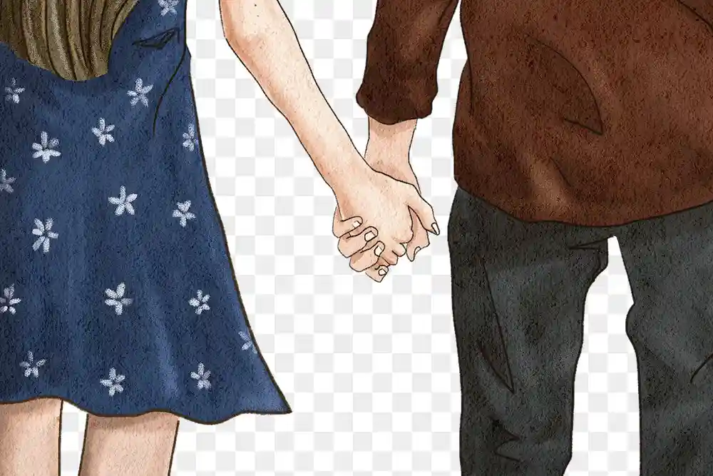 صورة كرتونية، عاشق يمسك يد حبيبته في مرحلة الانجذاب الجسدي من مراحل الحب في علم النفس