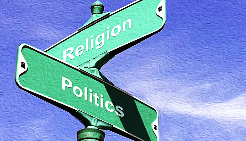 تظهر كلمة Religion وكلمة Politics، كل منهم في اتجاه معاكس، وهي مفهوم العلمانية