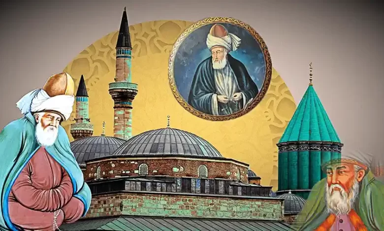 3 صور لـ جلال الدين الرومي وخلفه مسجد
