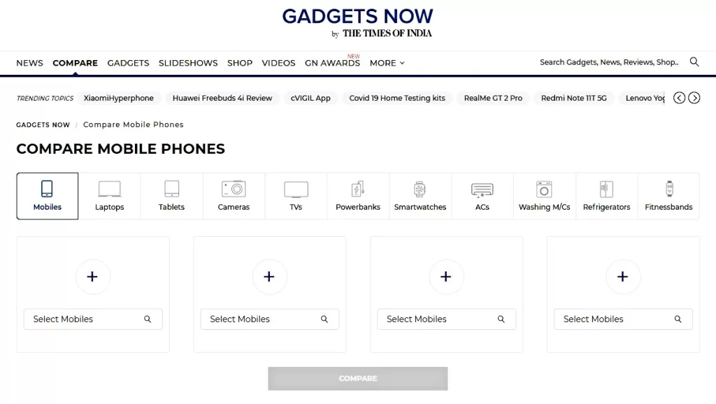 واجهة موقع Gadgets Now لمقارنة الهواتف الذكية