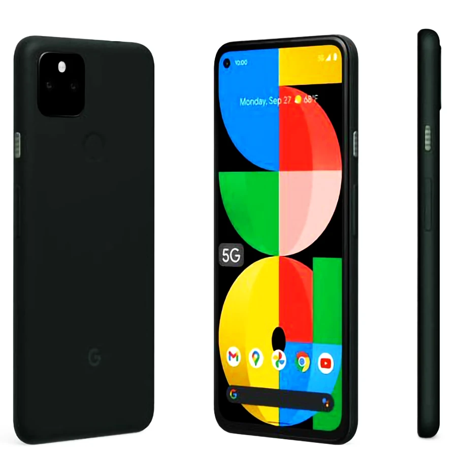 هاتف Google Pixel 5a لون أسود، يظهر من الأمام والخلف والجانب، يدعم 5G