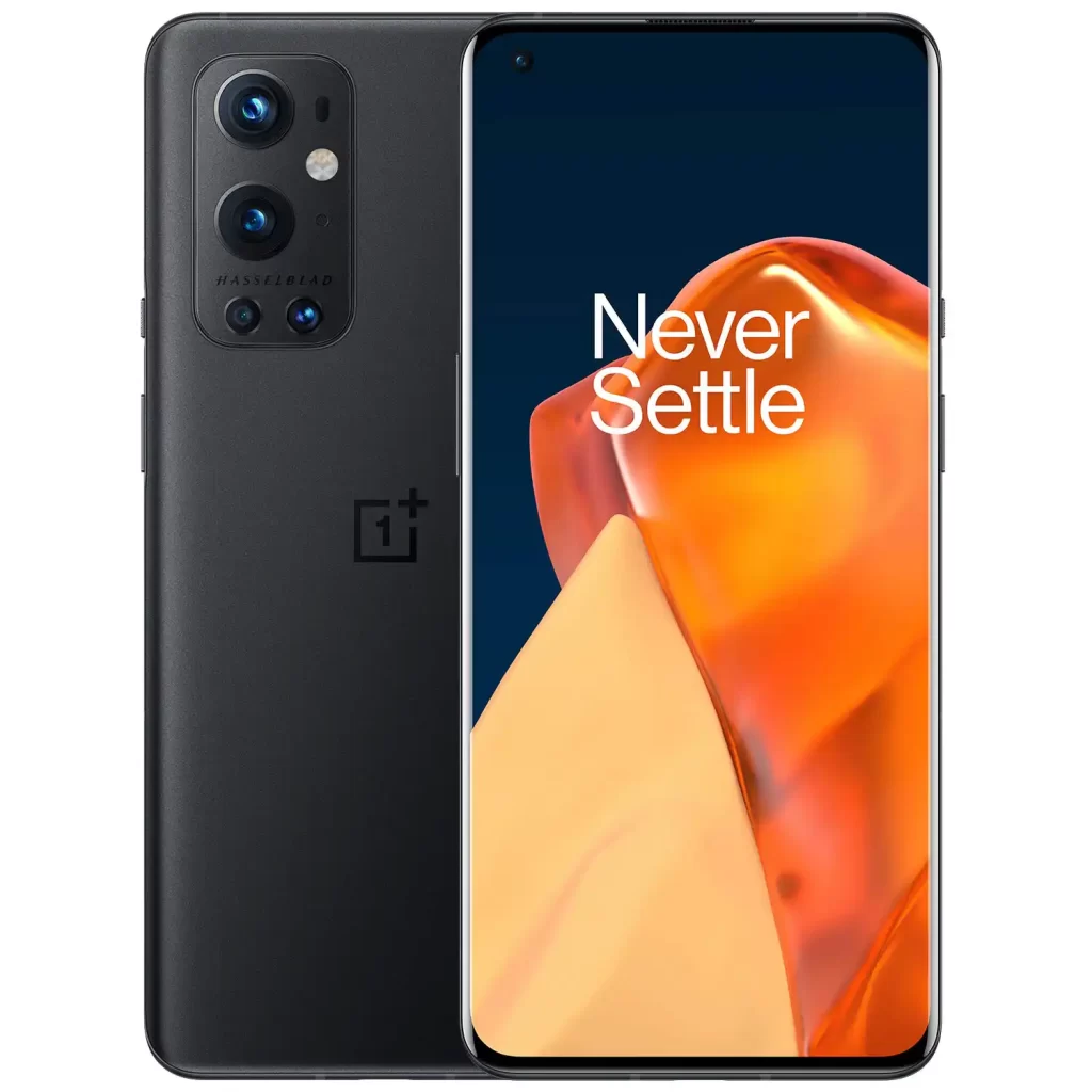 هاتف OnePlus 9 Pro لون أسود، يظهر من الأمام والخلف