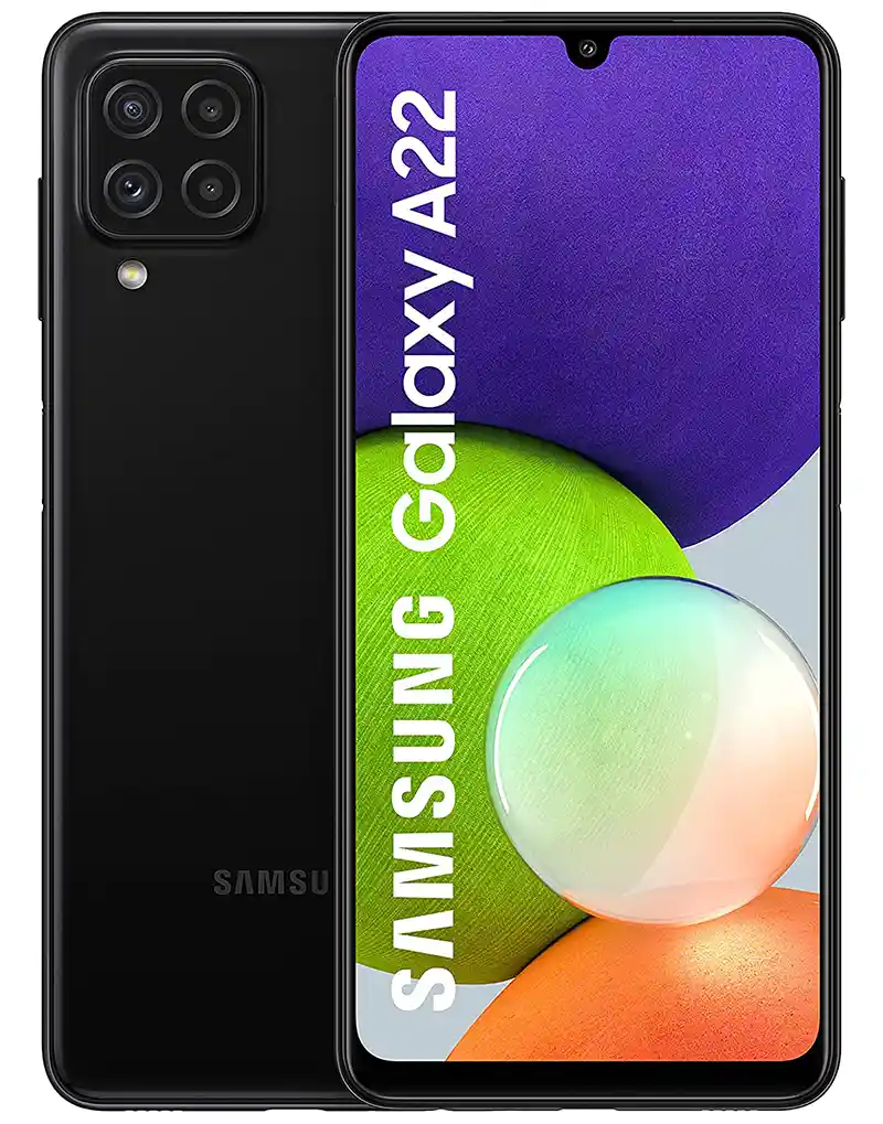 هاتف Samsung Galaxy A22 لون أسود، مكتوب عليه عبارة Samsung Galaxy A22 باللون الأبيض