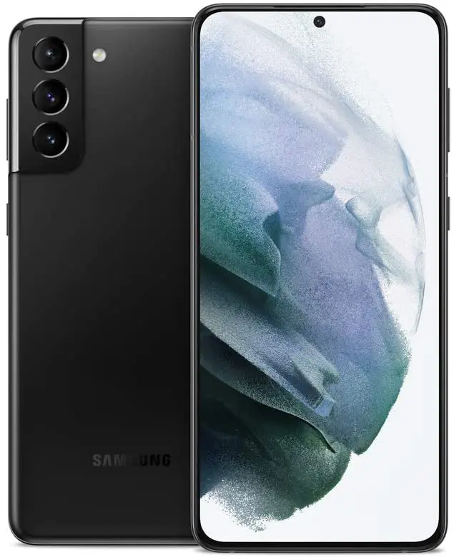 هاتف Samsung Galaxy S21 Plus لون أسود، يظهر من الأمام والخلف