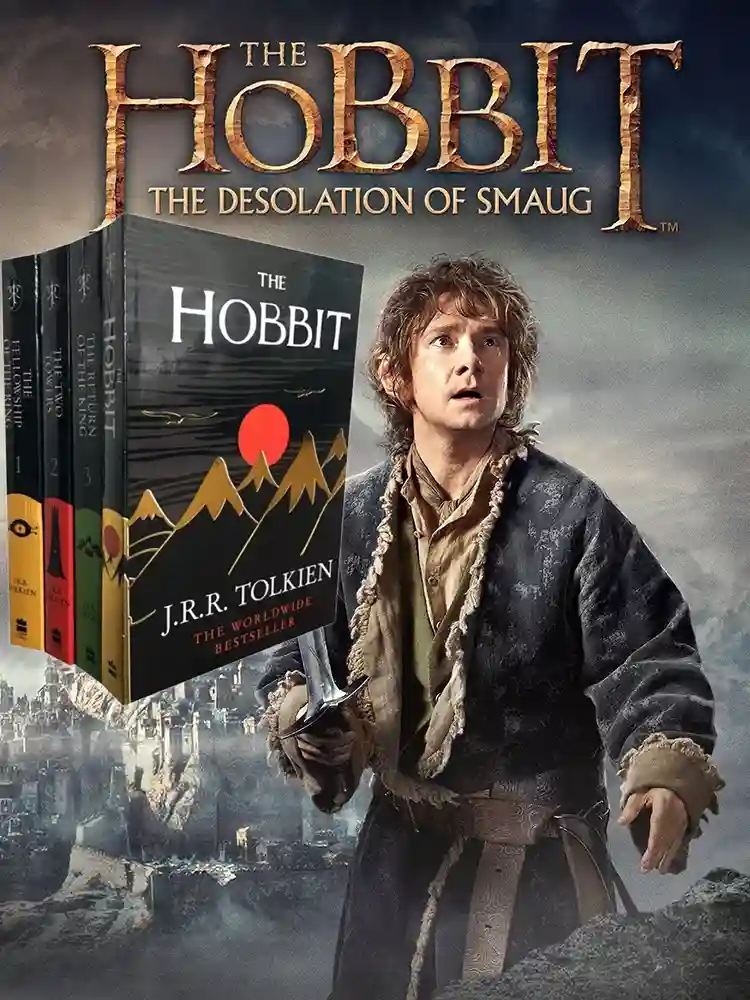 غلاف سلسلة روايات هوبيت مع لقطة من الفيلم The Hobbit