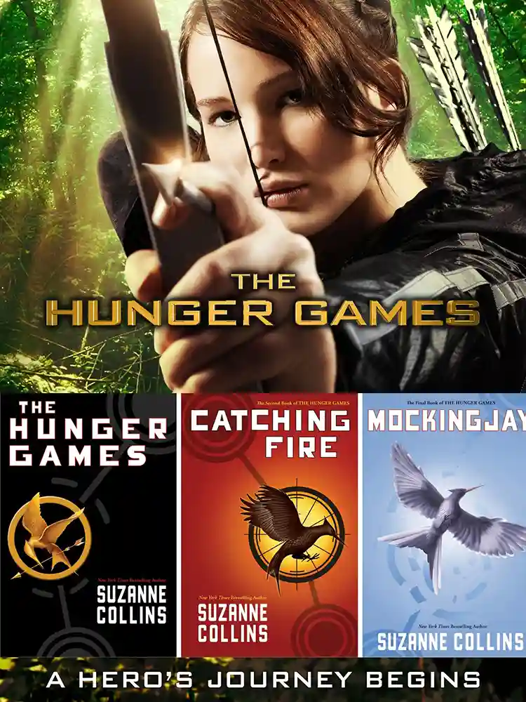 غلاف وفيلم روايات فانتازيا ألعاب الجوع مع لقطة من فيلم the hunger game
