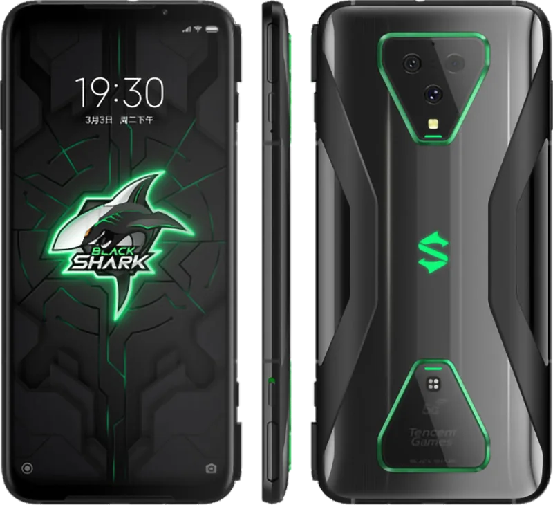 هاتف شاومي Xiaomi Black Shark 3 لون أسود وأخضر تظهر واجهته الأمامية والخلفية