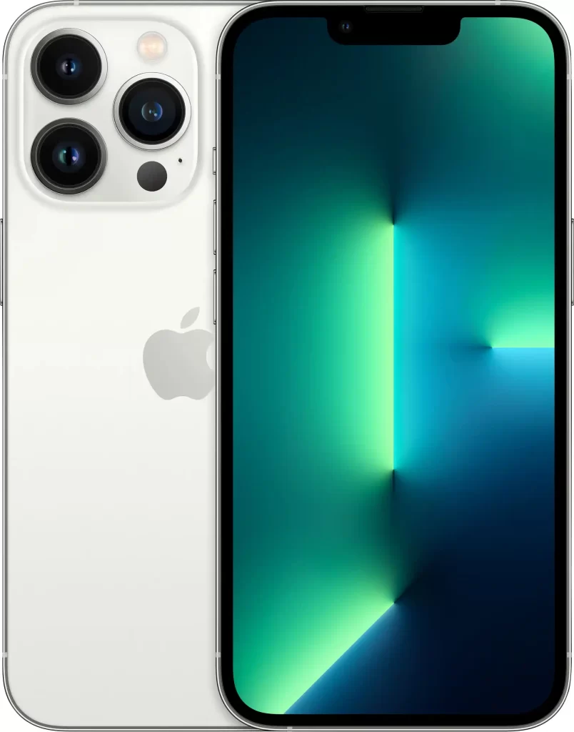 هاتف iPhone 13 Pro لون أبيض، يظهر من الأمام والخلف