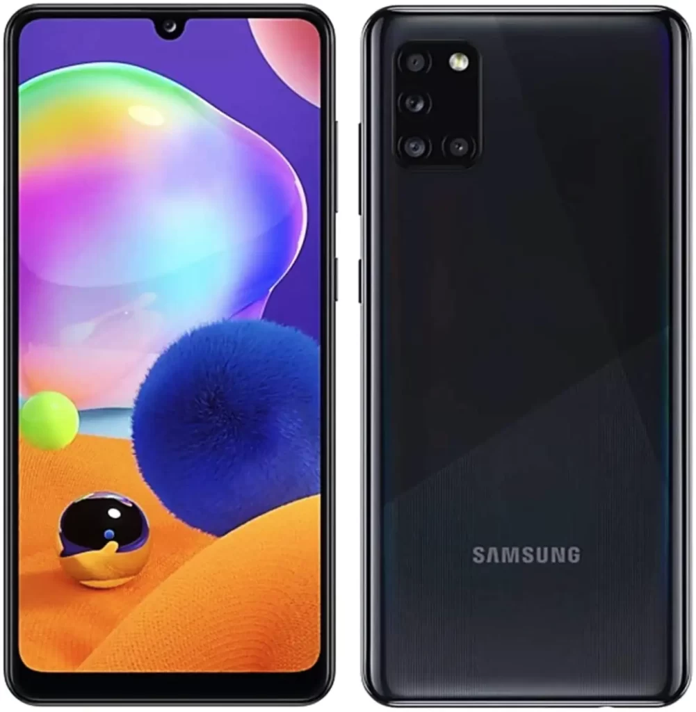 صورة أمامية خلفية لهاتف Samsung Galaxy A31 لون أسود