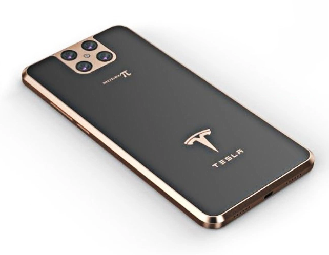 خلفية هاتف Tesla Pi بلون أسود وإطار ذهبي. يظهر من الخلف فقط