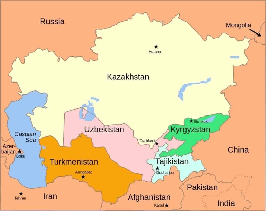 أصول التركمان وخريطة تظهر موقع دولة تركمانستان الجغرافي وحدودها مع دولة أوزباكستان وطاجيكستان وكازخستان وإيران وأفغانستان