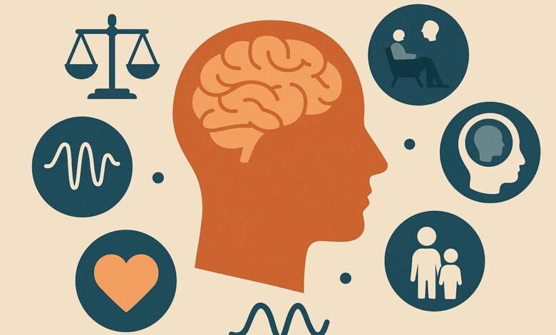 رسم توضيحي يمثل مجالات علم النفس المختلفة كأيقونات حول رأس إنسان يحتوي على دماغ