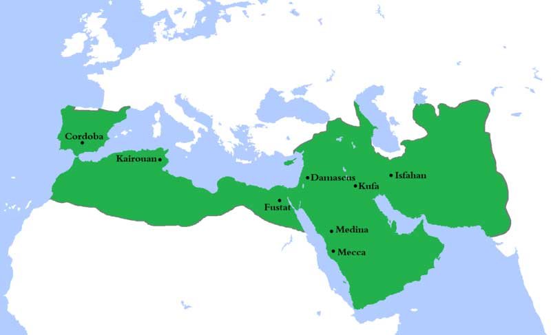 خريطة تظهر جغرافية نفوذ دولة الخلافة الأموية